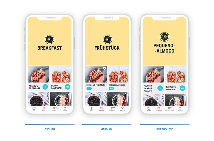 How changing a language affects the UI design: this is Mucho, an app we designed for an online service that helps preparing home meals.